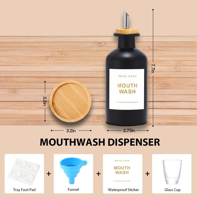 BONLONG 11.8OZ Glass Mouthwash Dispenser for Bathroom with Stainless Steel & Bamboo Nozzle, Mouthwash Cup Reusable, Bamboo Tray, and Elegant Gold Sticker.(Black) - Image 3